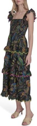 Vince Camuto Floral Ruffle Sleeve Cotton Midi SSundress in Black Multi at Nordstrom Rack, Size 10