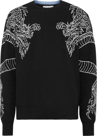 Philipp Plein Pullover Round Neck Dragon - Heren - Ronde hals truien - Zwart - 3XL - Wol - Truien & Vesten