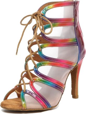 Minitoo Ladies Dance Boots Heels Elegant Mesh Prom Evening Ankle Sandals Shoes C009 Multicolor 9.8cm Heel UK 6.5