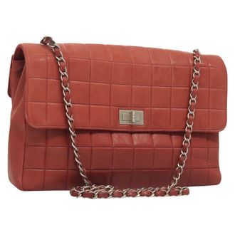 Chanel Vintage Chocolate Bar Mademoiselle Multipocket Flap Quilted Leather Red Leather Handbag (Pre-Owned)