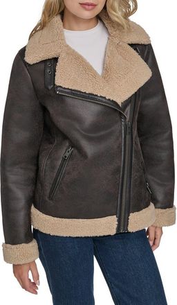 Levi's Faux Shearling Lined Faux Leather Moto Jacket in Mole/Sesame at Nordstrom, Size X-Large