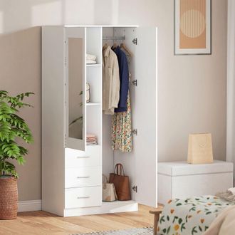 HOMCOM 2 Door Wardrobe Adjustable Shelf 3 Drawers Mirror Home Storage 180cm in White | Size: 180 cm x 80 cm