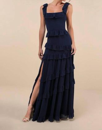 Lulus Compelling Romantic Ruffled Tiered Maxi Dress In Dark Blue