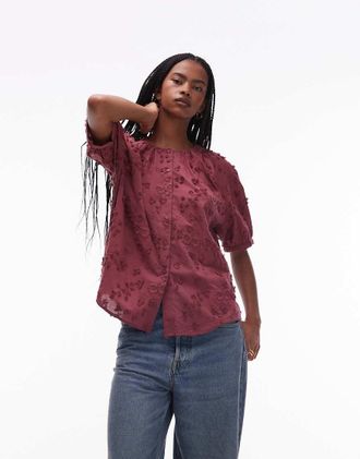 & Other Stories Blusa a maniche corte rossa con ricami a fiori-Rosso