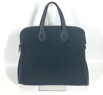 Herm&egrave;s Black Leather Canvas Handbag Tote Bag (Pre-Owned)