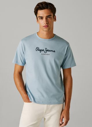 Pepe Jeans London Rundhalsshirt PEPE JEANS EGGO, Herren, Gr. XXL, blau (fade blau), Jersey, Obermaterial: 100% Baumwolle, bedruckt, normal normal, Rundhals, Shirts Rund