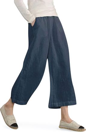 Generic Cropped Trousers for Women Comfy Cotton Linen Trousers Wide Leg Lounge Pants Capri Pants Loose Fit Straight Elasticated Waist Chino Bottoms with Pocke