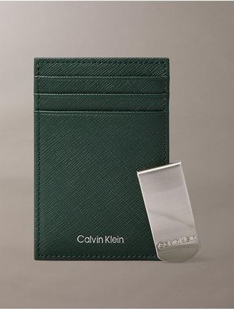 Calvin Klein Mens Refined Saffiano Card Case + Money Clip - Green