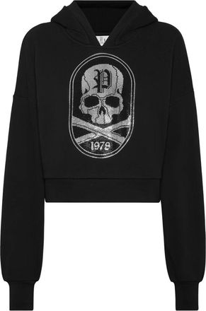 Philipp Plein Cropped Hoodie Sweatshirt Strass Skull&Bones - Dames - Hoodies - Zwart - L - Katoen - Hoodies & sweatvesten