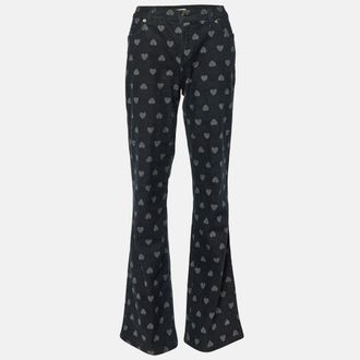 Moschino Dark Blue Hearts Patterned Denim Flared Jeans L Waist 28