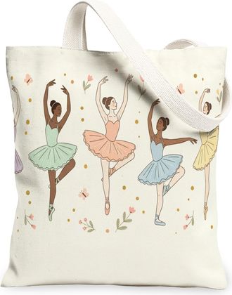 Generic Ballet Dancers Canvas Tote Bag, Floral Design Reusable Grocery Bag, Vintage Lightweight Washable Shoulder Strap Canvas Bags, Cream, 13x15 Inch