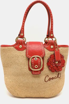 Coach Beige/burnt Orange Raffia And Leather Buckle Flap Tote