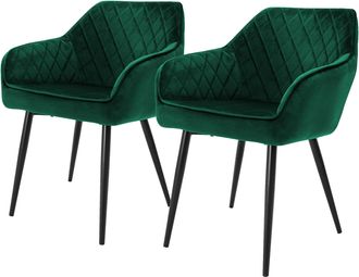 ML Design Ml-design Set 2x Sillas De Comedor Verde Oscuro Estilo Moderno Asiento Tapizado Aspecto De Terciopelo Patas De Metal Negras Con Respaldo Y Apoyabrazos