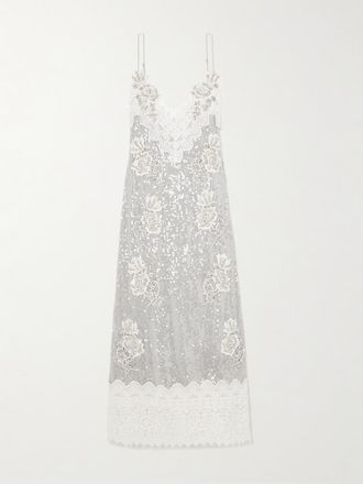 Erdem Abito Midi In Georgette Con Paillettes, Decorazioni E Finiture In Pizzo - Argento