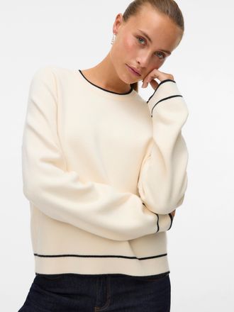 Vero Moda Strickpullover VERO MODA VMGOLD LS O-NECK DOUBLE CONTRAST PULL, Damen, Gr. XS, birch detail:with schwarz, Strick, Obermaterial: 50% Viskose, 28% Polye