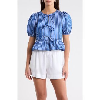 Sugarlips Vester Tie Front Puff Sleeve Top in Blue/White at Nordstrom, Size X-Large