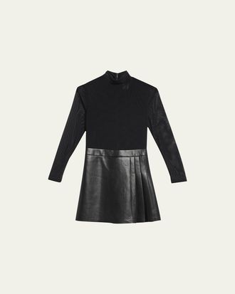 Alice & Olivia Chara Long-Sleeve Vegan Leather Pleated Mini Dress