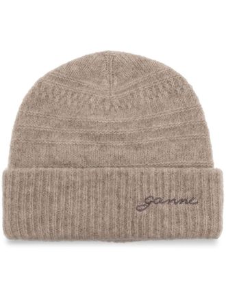 Ganni logo-embroidered knitted beanie - Neutrals