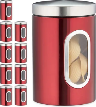 Relaxdays 10 X Recipiente De Almacenamiento Para Cocina, Con Tapa Y Ventana, 1,4 L, Para Caf&eacute;, Harina, Pasta, Bote Metal, En Rojo