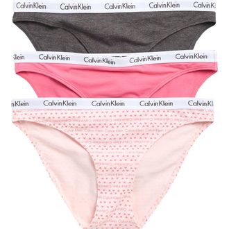 Calvin Klein Pack of 3 Assorted Bikinis in Grey/pink/pink Hearts at Nordstrom Rack, Size Medium
