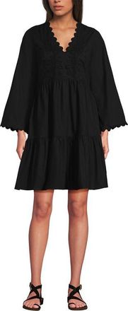 Lands End Poplin V Neck Embroidered Dress in Black at Nordstrom, Size Xx-Small