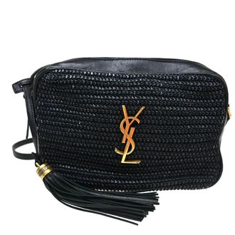 Saint Laurent Lou Camera Raffia Black Leather Handbag (Pre-Owned)