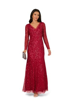 Adrianna Papell Womens Long Sleeve Bead Dress - Red - Size 10 UK