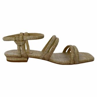 Cult Gaia Ankle Strap Flat Sandals in Beige Raffia