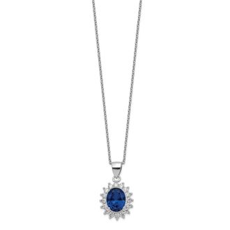 Diamond2Deal Sterling Silver Rhodium-plated Created Dark Blue Spinel and CZ Oval Halo Pendant Necklace