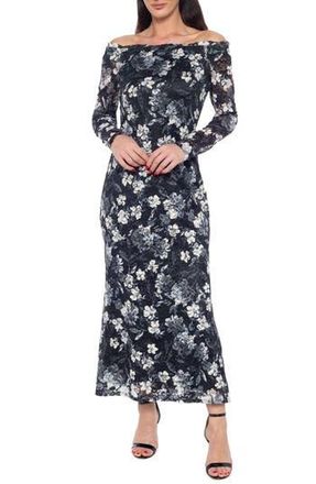 Marina Rossini Lace Off the Shoulder Long Sleeve Maxi Dress in Black/White at Nordstrom Rack, Size Medium