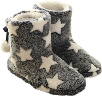 Frcolor WomenS Blue Star Pattern Plush Winter Ankle Bootie Slippers with Thick Sole and Fuzzy Pom Poms, Warm Indoor Soft Plush Boots for Cold Weather, Size L 