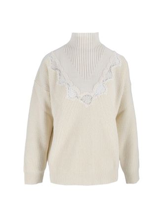 Ermanno Scervino High Mock Neck Lace Detail Ribbed Knit Sweater