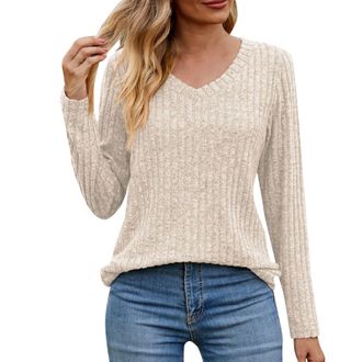 Generic Womens Winter Long Tops Winter Cloth Women Womens Long Sleeve T Shirt Fashion V Neck Tops Solid Color Casual Blouses Ladies Neck Jumpers Top Thermal S