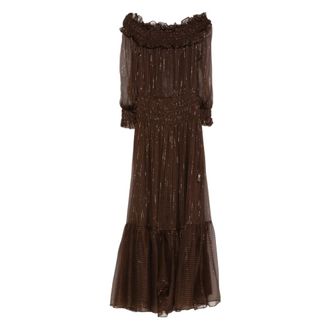 Self Portrait Gowns, female, Brown, Size: XS Georgette Long Dress With Lurex Detail
