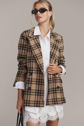 Avec Les Filles Double-Breasted Knit Plaid Blazer Jacket
