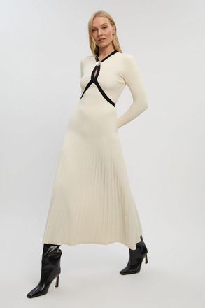 Karen Millen Womens Rib Knit Trim Detail Full Skirt Midi Dress - White Polyamide - Size X-Small