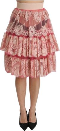 Dolce & Gabbana Kanten Gelaagde Knie Lengte Rok met Hoge Taille - Dames - Midirokken - Roze - S - Katoen - Rokken