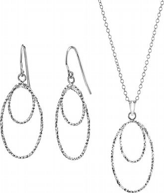 Gold & Honey Womens Double Oval Diamond Cut Pendant Necklace And Drop Earrings - 3 Piece Jewelry Set In Silver