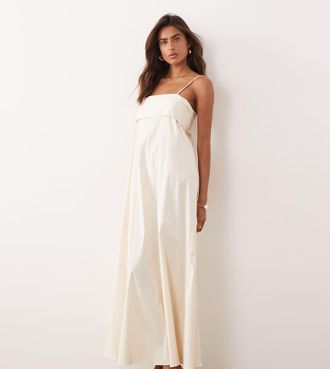 KAIIA Esclusiva Kaiia - Vestito lungo in cotone elasticizzato color crema con spalline sottili, risvolto e dettaglio drappeggiato-Bianco