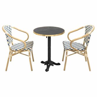 Oviala Conjunto de mesa de terraza de m&aacute;rmol negro y 2 sillas azules