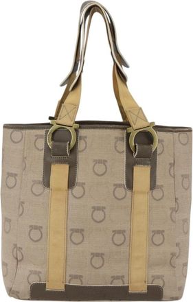 Ferragamo Gancini Handbag Canvas Beige Canvas Handbag (Pre-Owned)