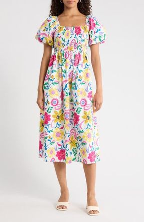 Sugarlips Kress Floral Maray Smocked Midi Dress in White Multi at Nordstrom, Size X-Large