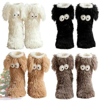 Generic Cozy Socks, Womens Winter Warm Fuzzy Non-Slip Slipper Socks with Cute Big Eyes, Thick Fleece Indoor Home Floor Socks (Brown) (All(4pcs))