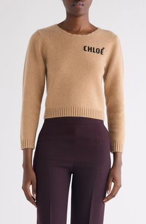 Chlo&eacute; Scalloped Logo Crop Wool & Cashmere Sweater in Bleached Brown at Nordstrom, Size X-Small