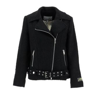 Ganni Light Jackets, female, Black, Size: L Bouclé Jacket with Off-Center Zip