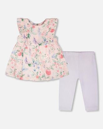 Deux par Deux Cotton Muslin Tunic and Rib Jersey Printed Berries Leggings Set in Pink Printed Berries & Lilac at Nordstrom, Size 12M
