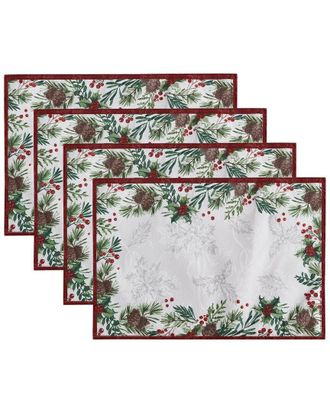 Elrene Set Of 4 Holly Berry Flourish Holiday Fabric Placemats