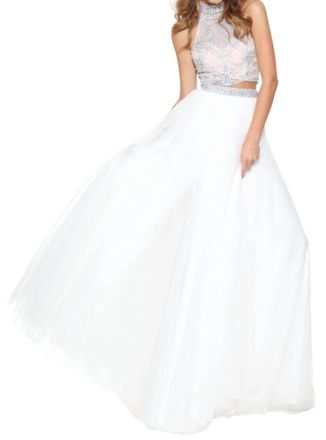 Sherri Hill Beaded Halter Tulle Skirt Gown In Ivory