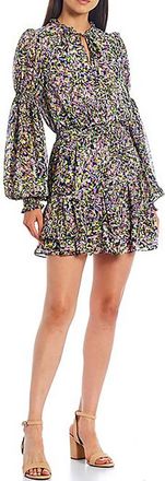 Ted Baker Karliie Bell Long Sleeve Smock Tiered Layers Mini Dress In Black Multi-Color