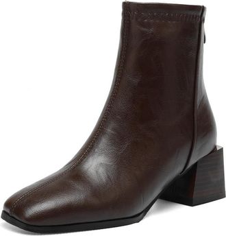 Generic Womens Square Toe Leather Ankle Boots Mid Chunky Block Heels Side Zipper Comfortable Non Slip Durable Stylish For Daily Office Party Fall Winter,Brown